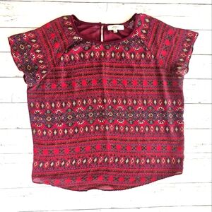 Umgee Western Aztec Burgundy Sheer Short Sleeve Top Button Up Back Size Small
